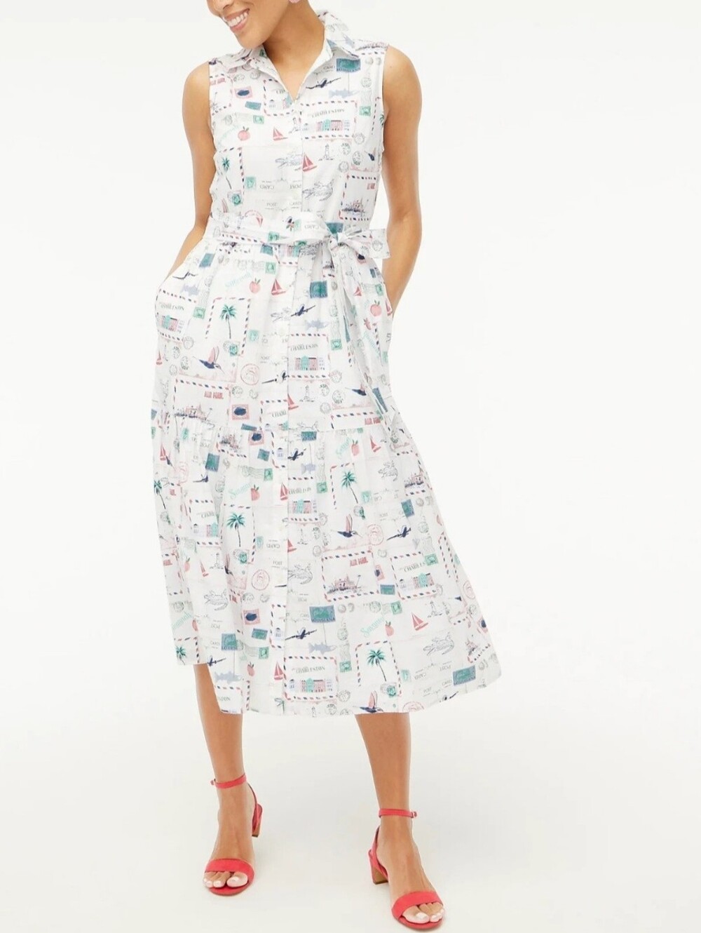 J.Crew Factory Women's Map-Print Collared Midi Lined Dress Cotton Size 10